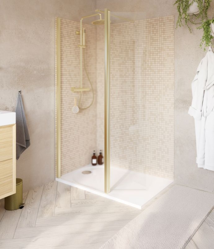 Walk-in Brusevæg 125 cm Guld Børstet med Antikalk Transparent Glas