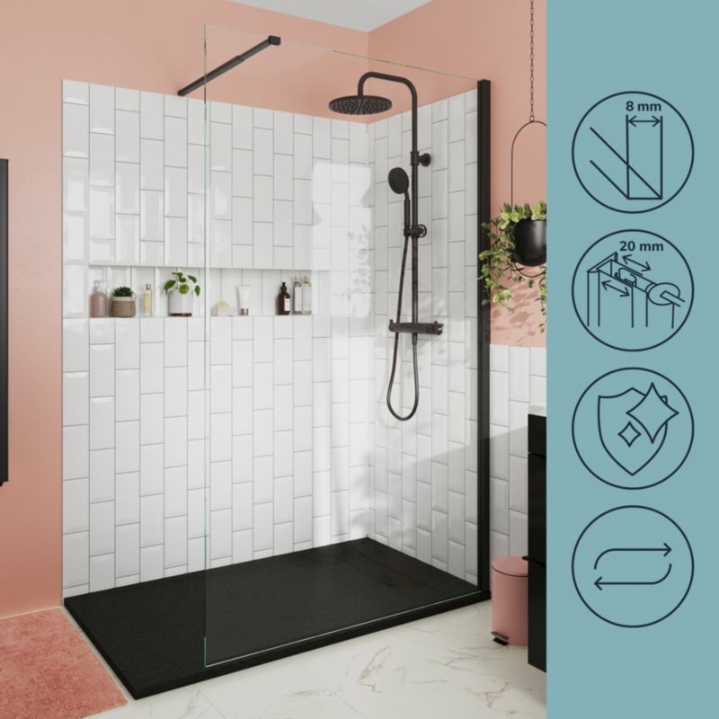 Walk-in Brusekabine 100 cm Sort Ramme Gennemsigtigt Glas