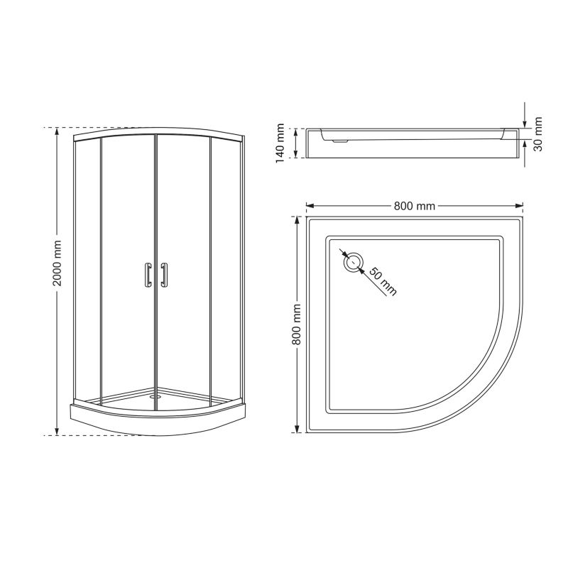 Halvrund Brusekabine 80x80 cm Sort med Lav Bundkar