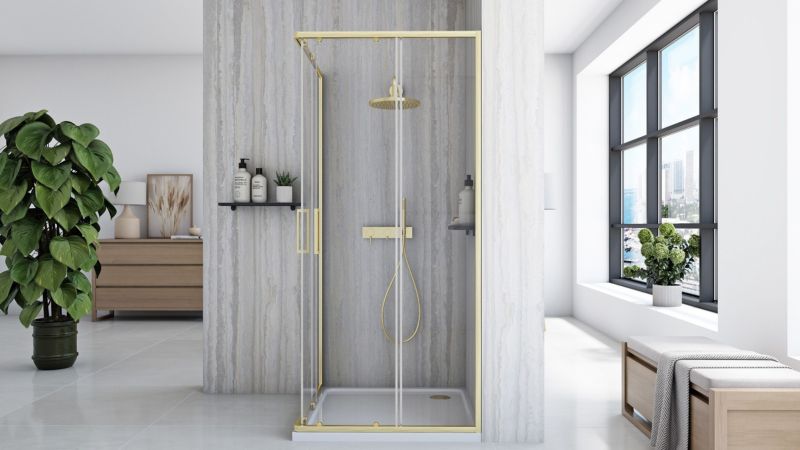 Bruse Kabine Med Bundkar City 90x90x190 cm Børstet Guld + Savoy Hvid Bundkar