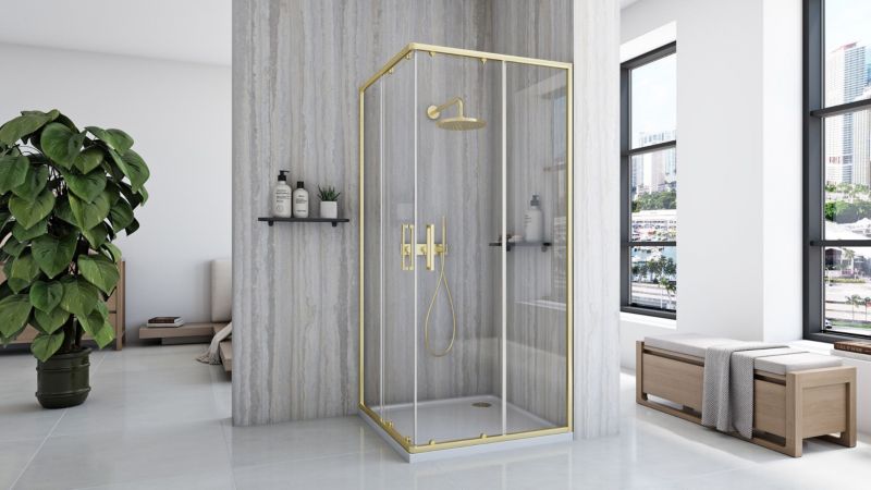 Bruse Kabine Med Bundkar City 90x90x190 cm Børstet Guld + Savoy Hvid Bundkar
