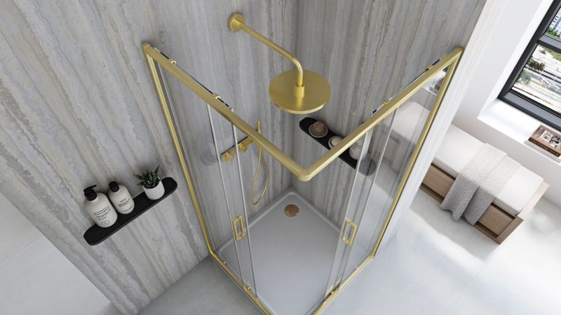 Bruse Kabine Med Bundkar City 90x90x190 cm Børstet Guld + Savoy Hvid Bundkar