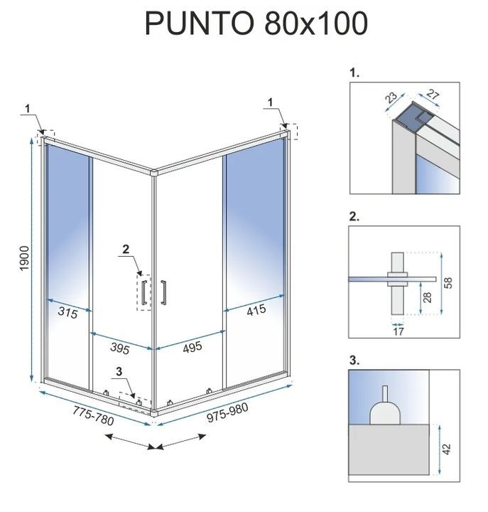 Kabinebruser Med Bundkar Rea Punto 80x100x190 cm Krom + Savoy Hvidt Bundkar