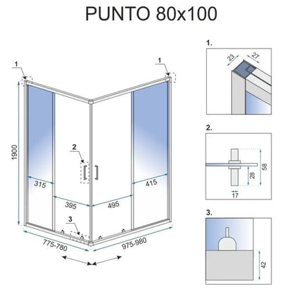 Kabinebruser Med Bundkar Rea Punto 80x100x190 cm Krom + Savoy Hvidt Bundkar