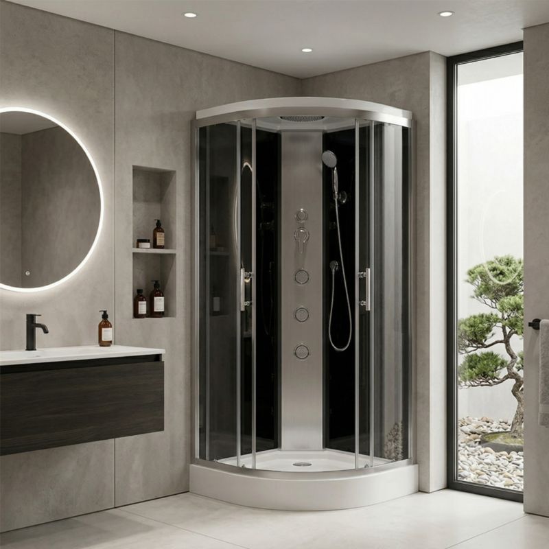 Halvrund Brusekabine med Hydromassage 80x80 cm Transparent Glas Satinaluminium