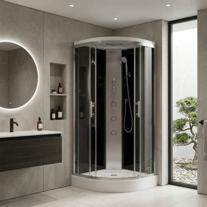Halvrund Brusekabine med Hydromassage 80x80 cm Transparent Glas Satinaluminium