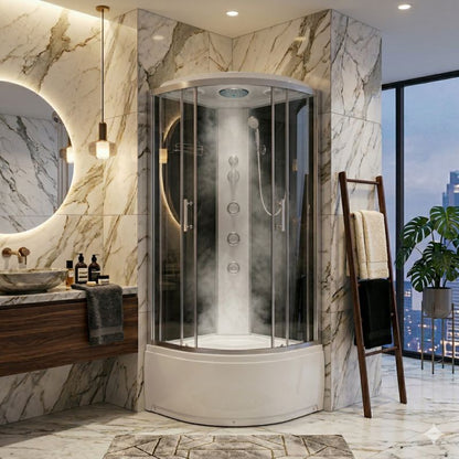 Halvrund Brusekabine med Hydromassage 90x90 cm Transparent Glas Satinaluminium