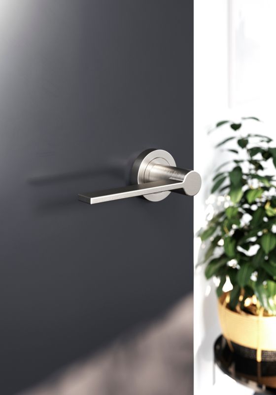GoodHome Dot dørhåndtag med rund roset i satin-nikkel