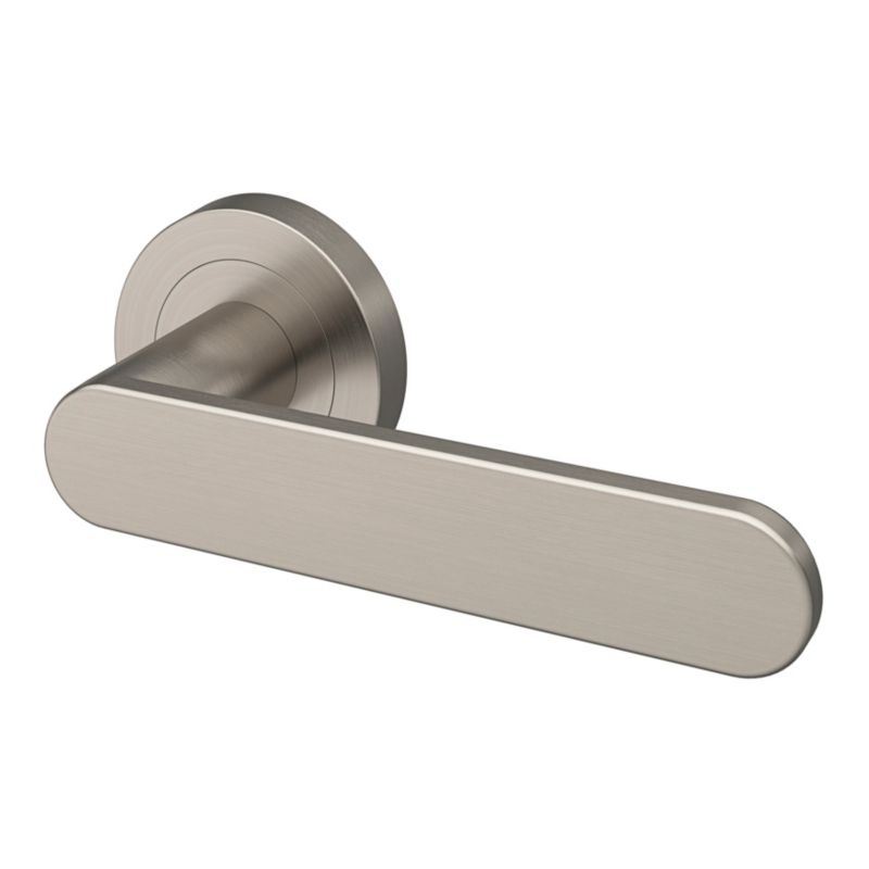 GoodHome Minimal dørhåndtag med rund roset i satin-nikkel