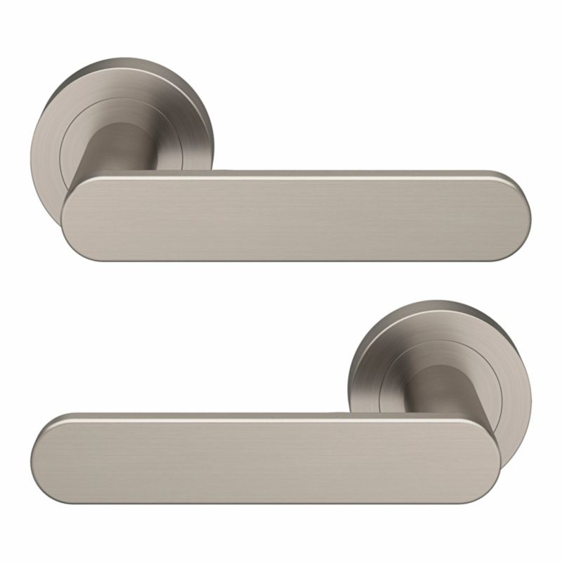 GoodHome Minimal dørhåndtag med rund roset i satin-nikkel