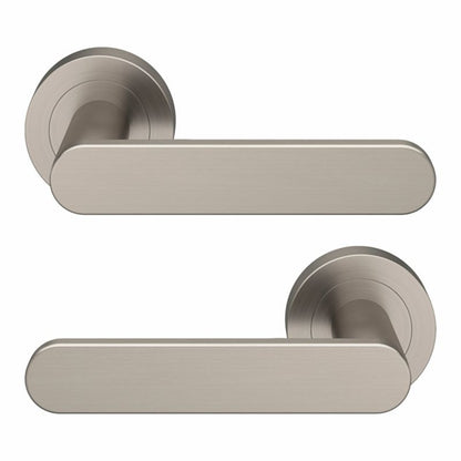 GoodHome Minimal dørhåndtag med rund roset i satin-nikkel