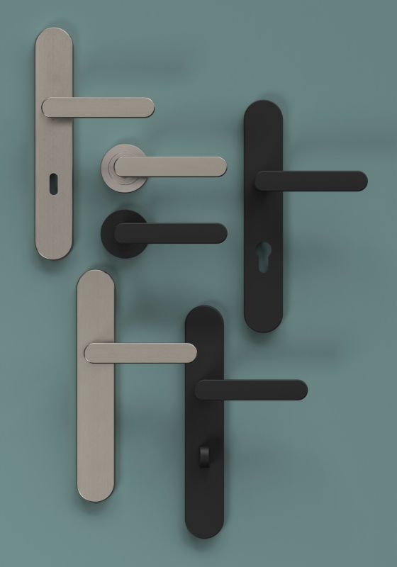 GoodHome Minimal dørhåndtag med rund roset i satin-nikkel