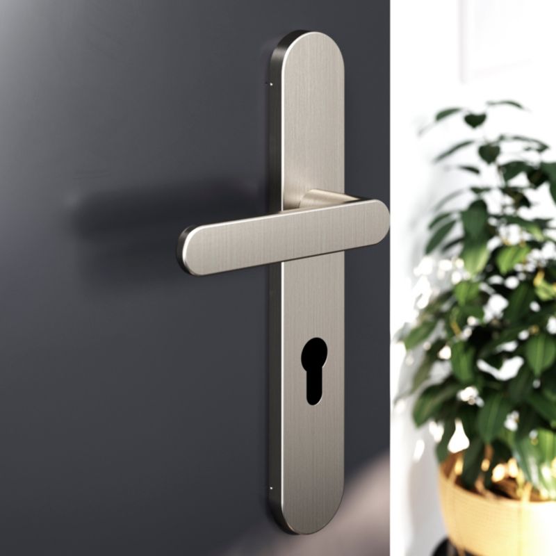 GoodHome Minimal dørgreb med skilt og nøglehul i satin‑nikkel