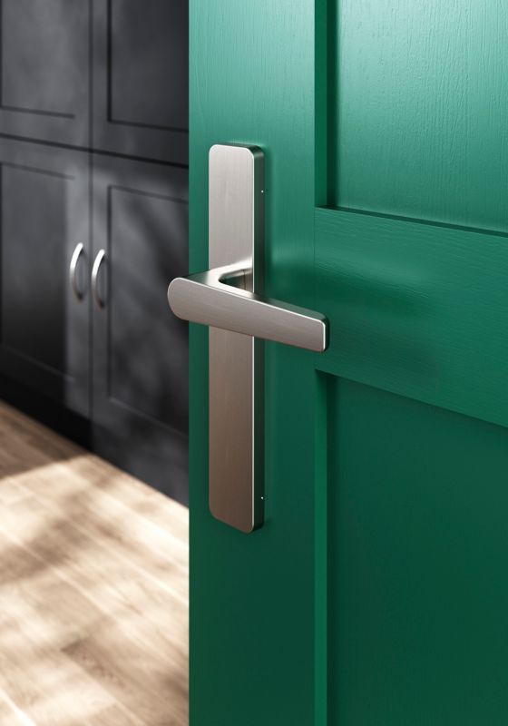 GoodHome Robust dørhåndtag med skilt i satin-nikkel