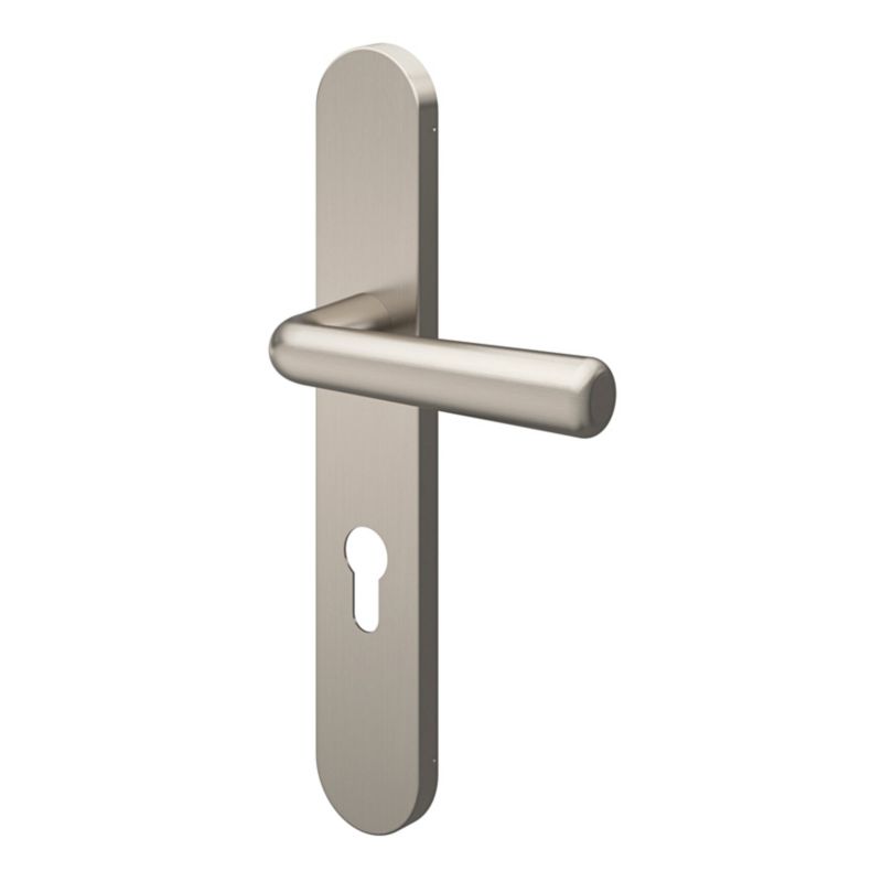 GoodHome Solid dørhåndtag med roset og nøglehul, satin-nikkel