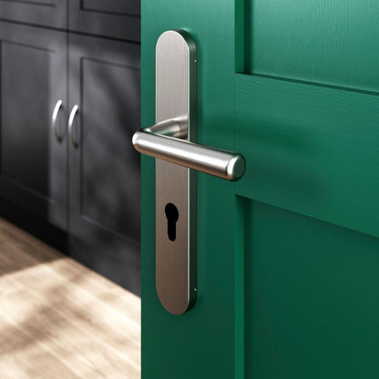 GoodHome Solid dørhåndtag med roset og nøglehul, satin-nikkel