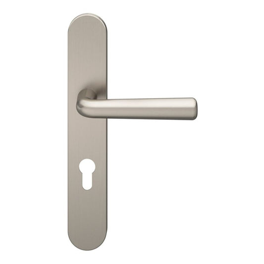 GoodHome Solid dørhåndtag med roset og nøglehul, satin-nikkel
