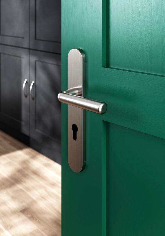 GoodHome Solid dørhåndtag med roset og nøglehul, satin-nikkel