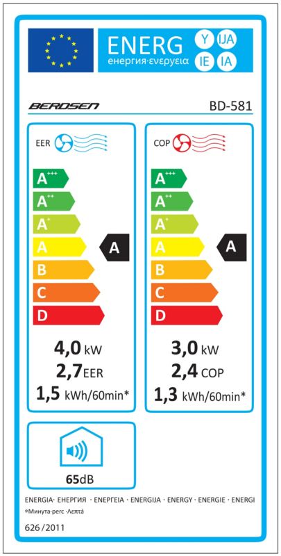 Berdsen bærbar aircondition med affugter og varmefunktion 4 kW 34 l/24 t 14000 BTU WiFi 1 stk.