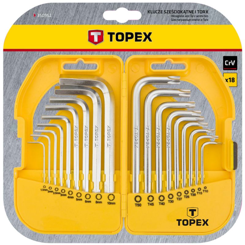 TOPEX korte sekskant- og Torx-nøgler T10 - T50 i sølv, 1 sæt