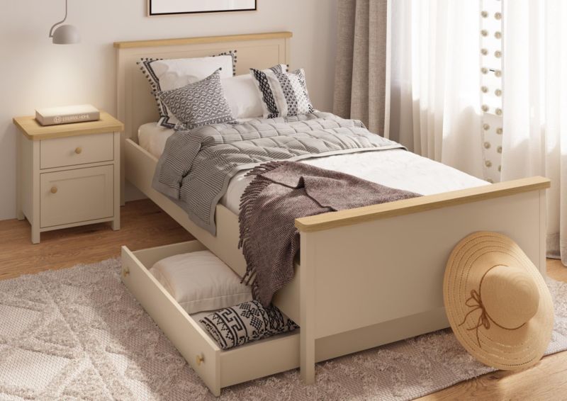 Seng Bettso Story 90 cm med Madras og 2 Skuffer Sandbeige