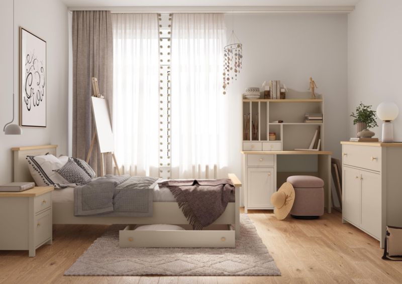 Seng Bettso Story 90 cm med Madras og 2 Skuffer Sandbeige