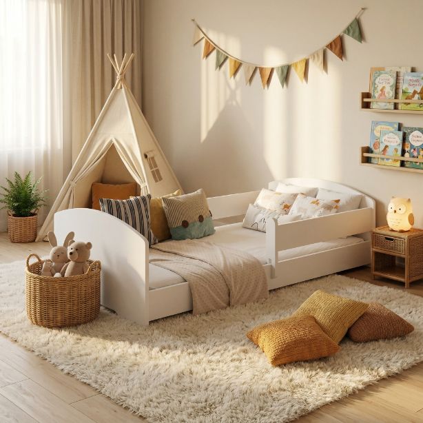 Børneseng Montessori LEO 140x70 cm Hvid med Madras og Sengehest