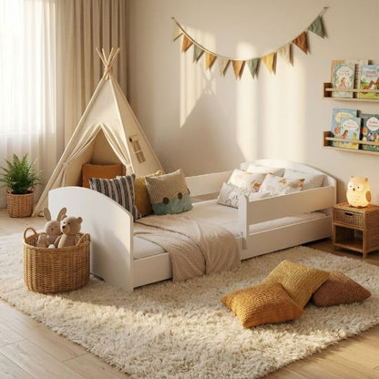 Børneseng KOBI Montessori LEO 160x80 Lav Seng med Madras og Gelænder