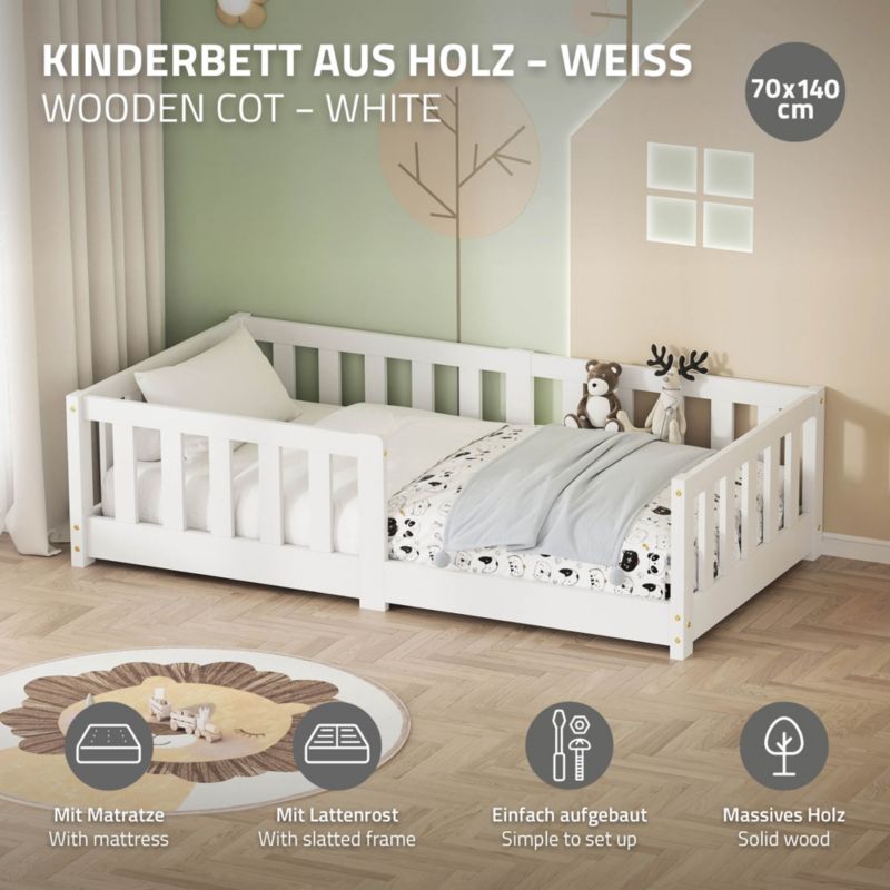 Børneseng ML Design 70x140 cm Hvid med Madras Gulv Montessori