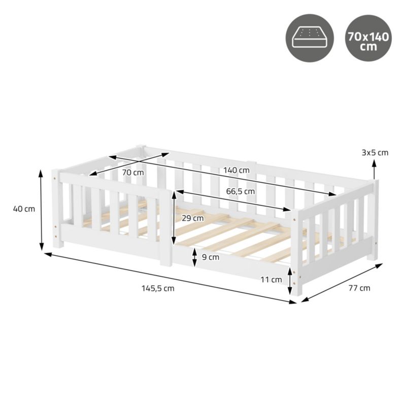 Børneseng ML Design 70x140 cm Hvid med Madras Gulv Montessori