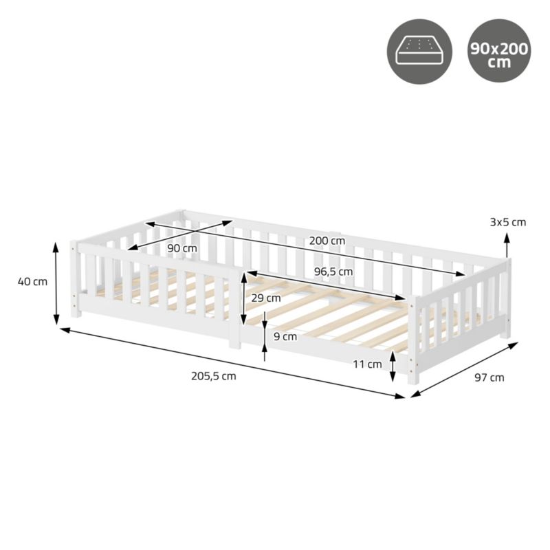 Børneseng ML Design 90x200 cm Hvid Gulvmodel Montessori