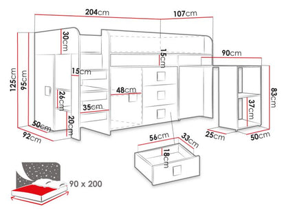 Køjeseng med skrivebord Toledo 1 204x107 cm Hvid Højglans