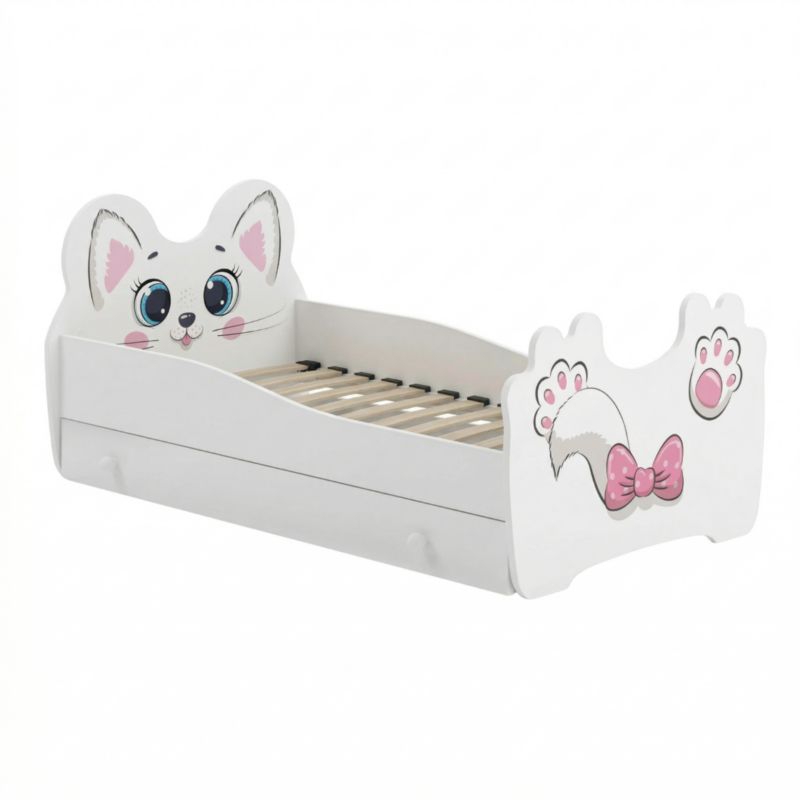 Børneseng Pink Cat 160x80 cm med Skuffe Hvid