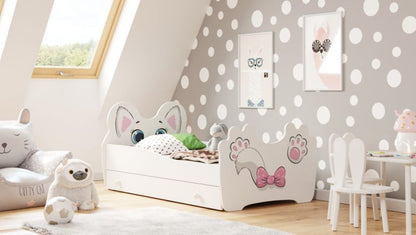Børneseng Pink Cat 160x80 cm med Skuffe Hvid