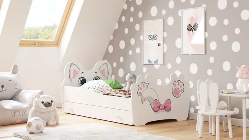 Børneseng Pink Cat 160x80 cm med Skuffe Hvid