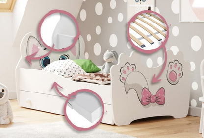 Børneseng Pink Cat 160x80 cm med Skuffe Hvid