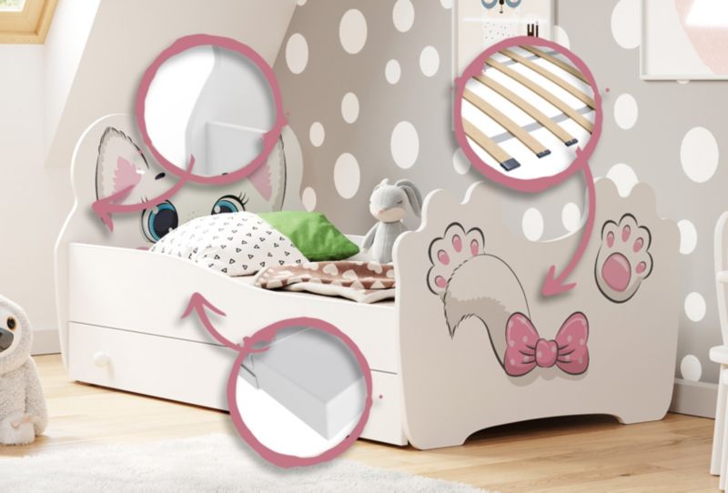 Børneseng Pink Cat 160x80 cm med Skuffe Hvid
