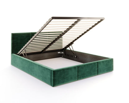 Polstret Seng FDM Amber 160x200 Mørkegrøn Med Opbevaring Og Løftegalvaniseret
