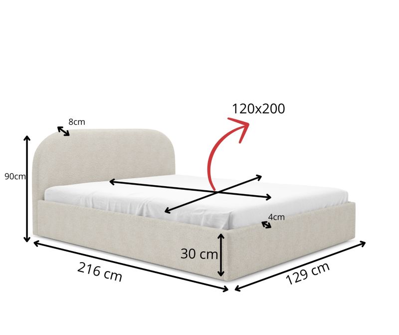 Polstret Seng MOON 120x200 cm Bouclé Creme