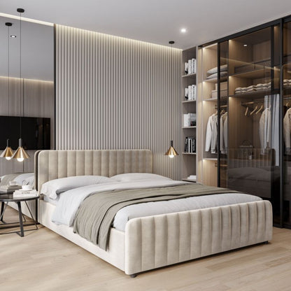 Polstret Seng Med Opbevaring 140x200 cm Beige Velour