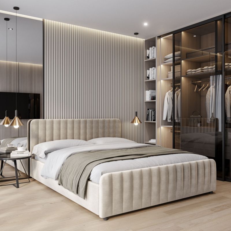 Polstret Seng Med Opbevaring 140x200 cm Beige Velour