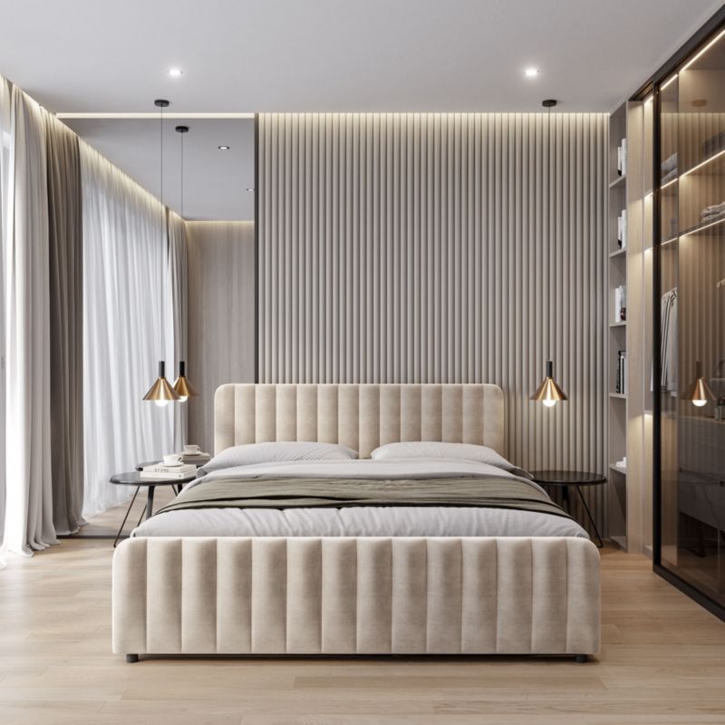 Polstret Seng Med Opbevaring 140x200 cm Beige Velour