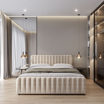 Polstret Seng Med Opbevaring 140x200 cm Beige Velour