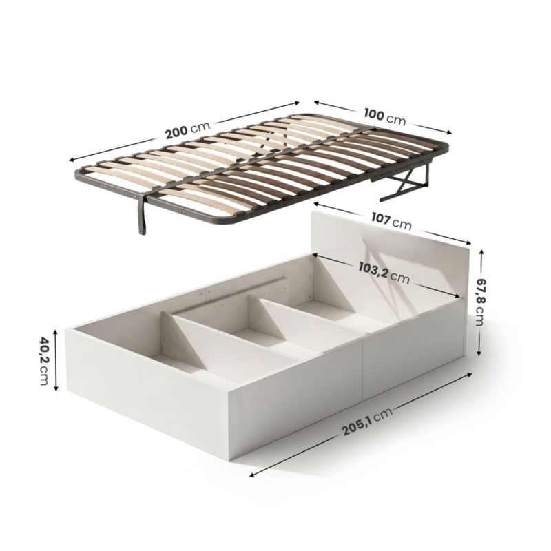 Seng med Opbevaring Akord 100x200 cm Hvid Løftestel