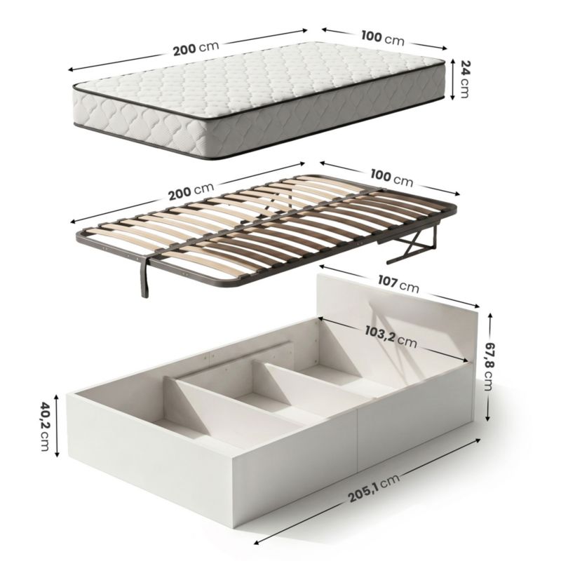 Seng med Opbevaring AKORD 100x200 cm Metalstel Løft og Springmadras Hvid