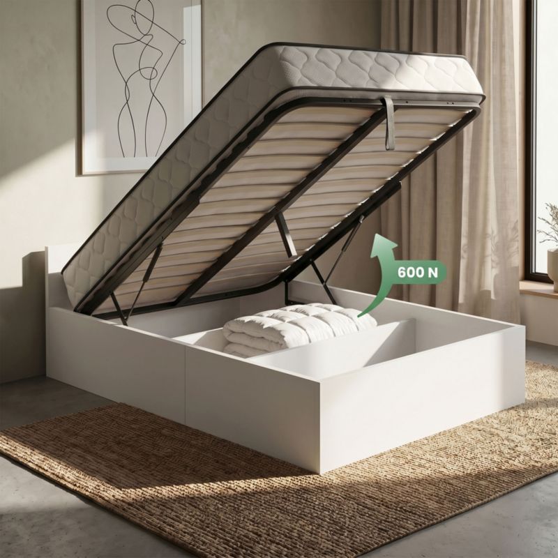 Seng med Opbevaring AKORD 100x200 cm Metalstel Løft og Springmadras Hvid