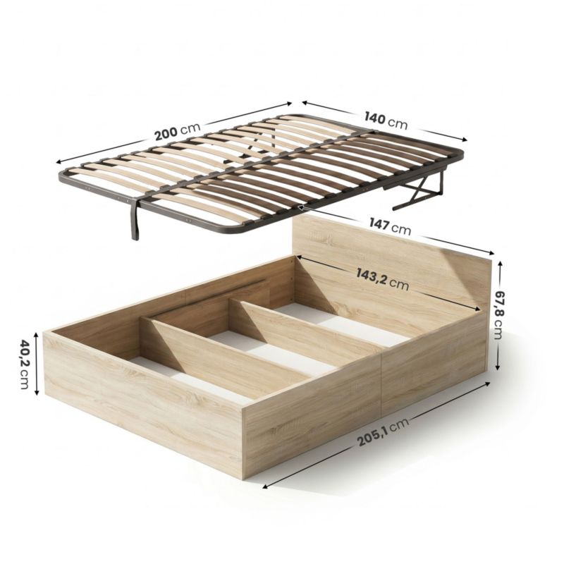 Seng med Opbevaring AKORD 140x200 cm Metalstel Løftesystem Egetræ Sonoma