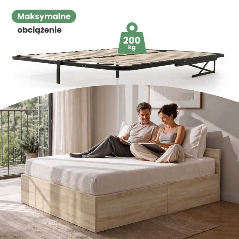 Seng med Opbevaring AKORD 140x200 cm Metalstel Løftesystem Egetræ Sonoma