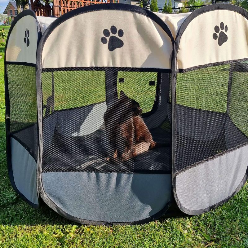 Universal hunde- og katteindhegning Springos 73 cm sammenklappelig bur i beige og grå, 1 stk.