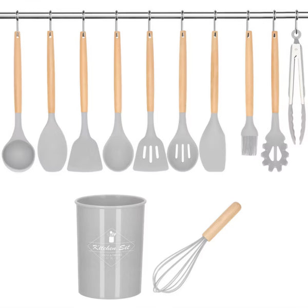 Køkkenredskabssæt Bambus Silikone 12 Dele Grå